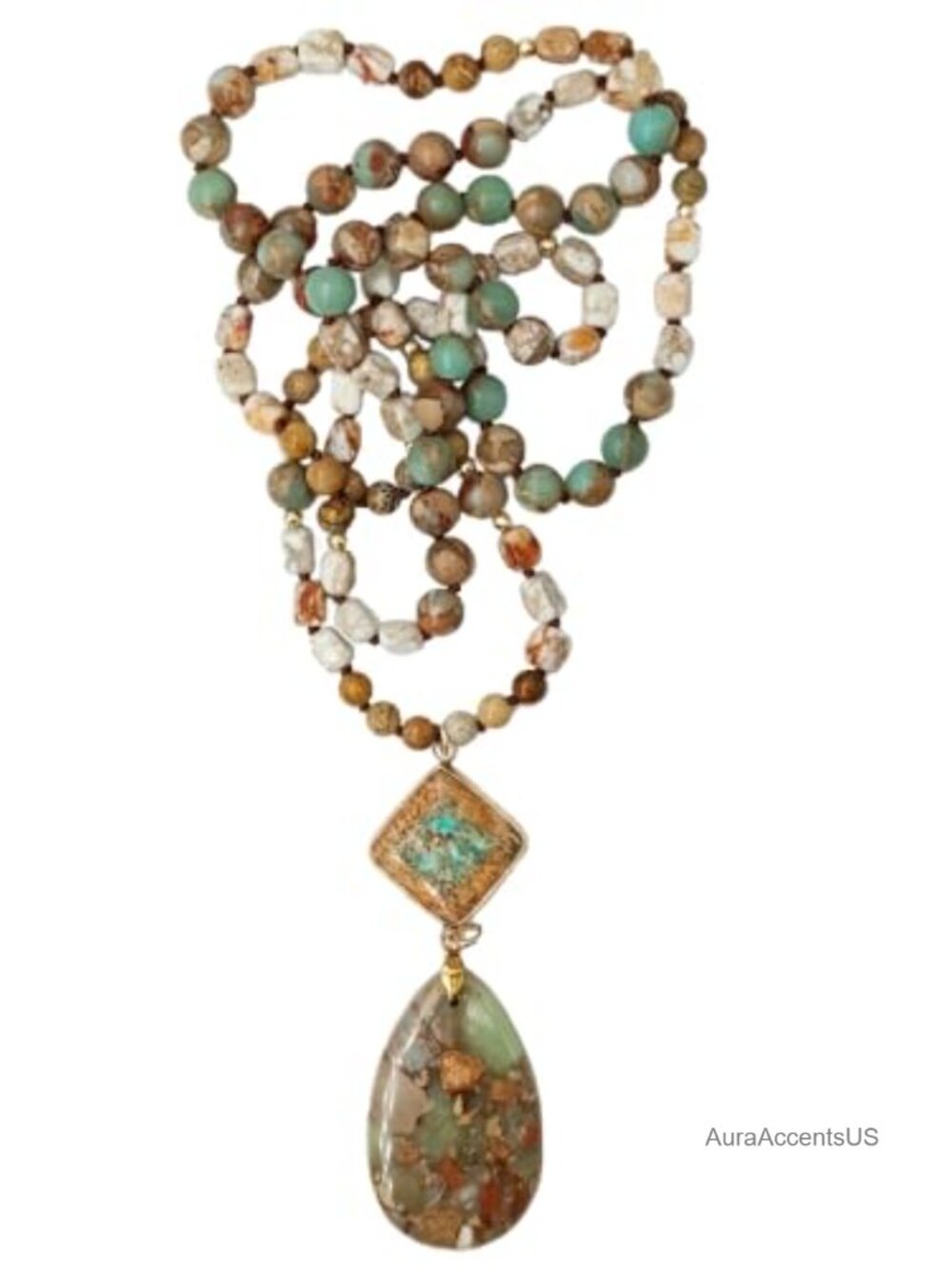 Natural Jasper Beaded Boho Necklace Handmade Long 35 inch Stone Pendant